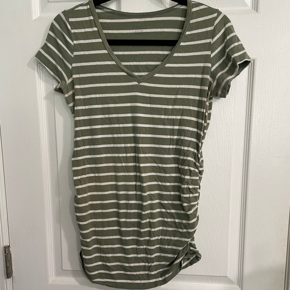 Maternity Green and White Striped V Neck Tee